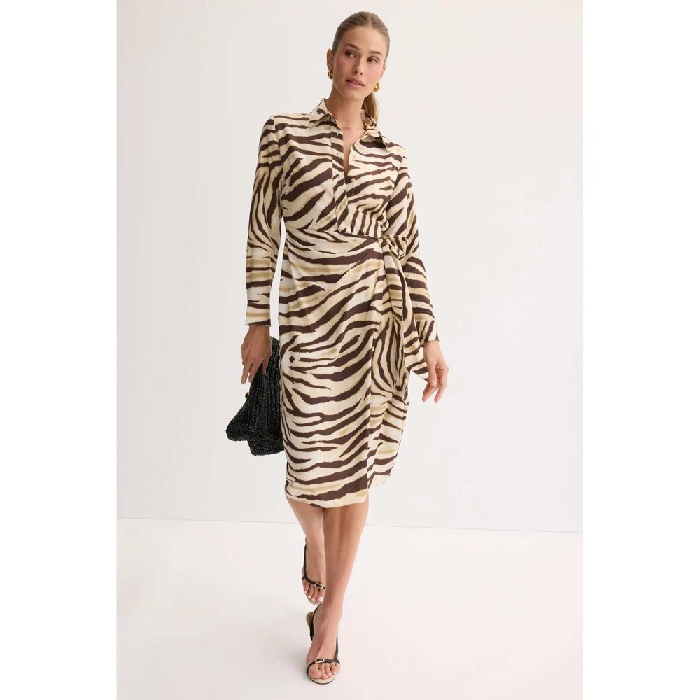 Lauren Ralph Lauren Zebra Print Tie Waist Shirt Dress Brown Tan Size 12
